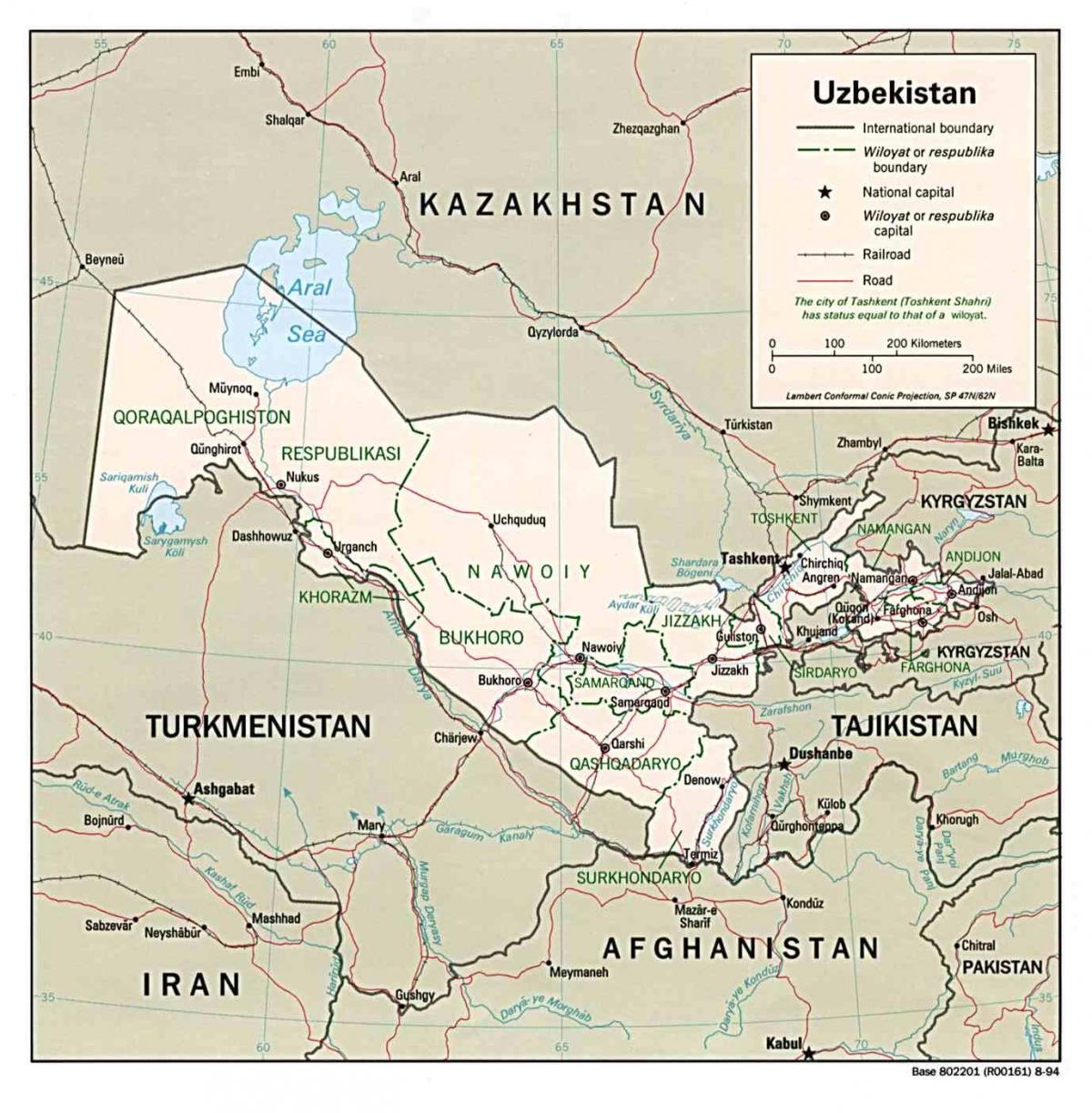 mappa Uzbekistan e nei paesi limitrofi